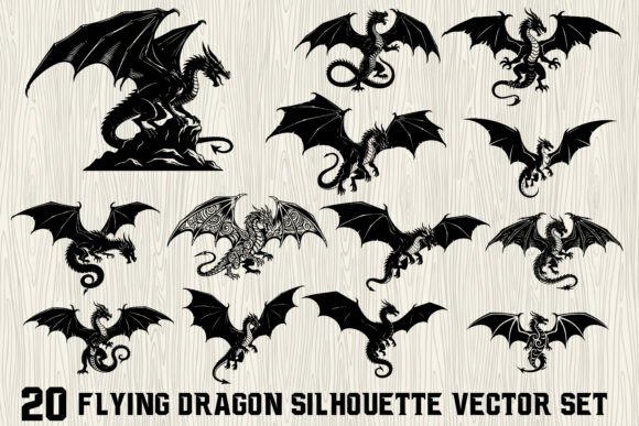 20 Flying Dragon Silhouette Vector Set: Bold Graphics & Illustrations