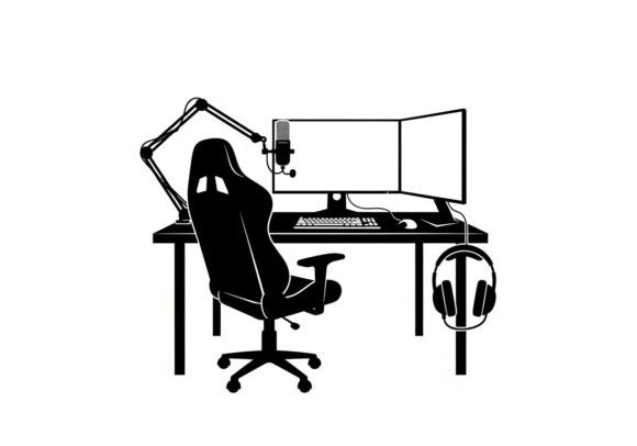 Black Office Workstation Graphics for Modern Illustrations