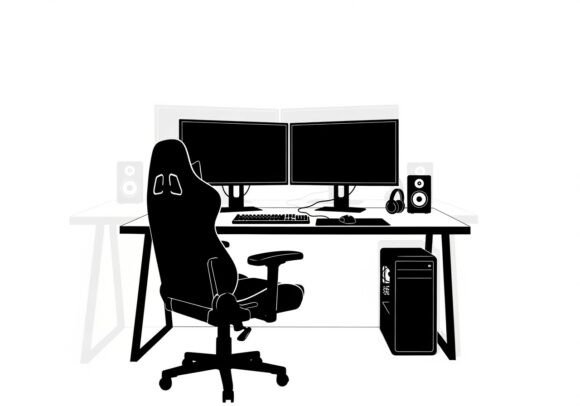 Black Office Workstation: Modern Graphics & Illustrations